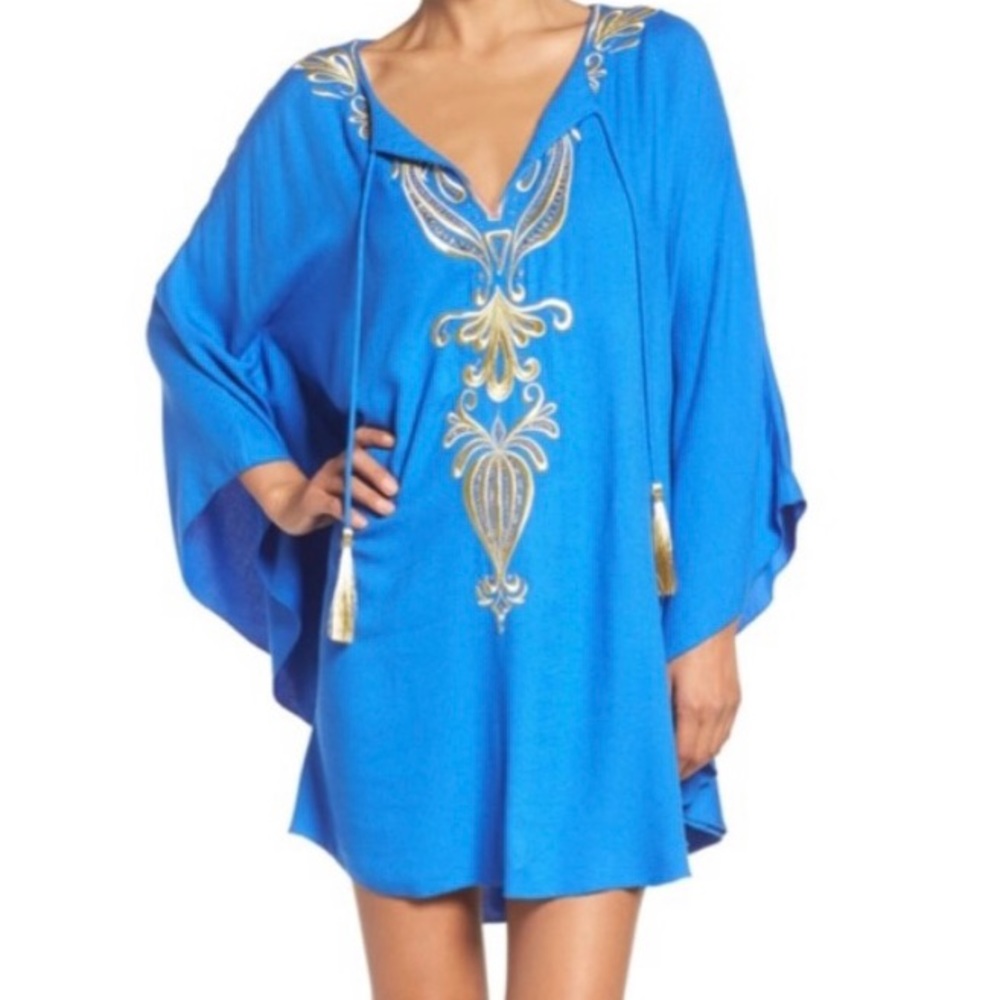 Lilly Pulitzer blue poncho dress with gold embroidery size S/M great condition